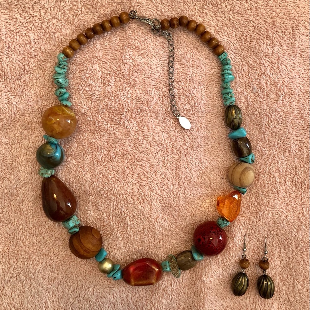 Signed Cg Turquoise Amber & Wood Necklace & Matching Earrings